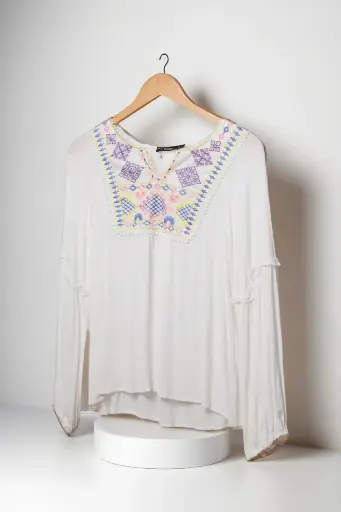 [N0-P725] Blouse Bohème Blanche à Broderies Colorées - Taille S/36